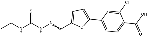 2-Chloro-4-[5-[[2-[(ethylamino)thioxomethyl]hydrazinylidene]methyl]-2-furanyl]benzoic acid Struktur