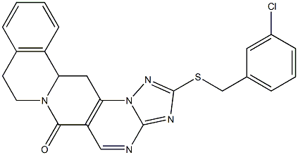 2-[(3-chlorobenzyl)sulfanyl]-8,9,13b,14-tetrahydro-6H-[1,2,4]triazolo[5'',1'':2',3']pyrimido[4',5':4,5]pyrido[2,1-a]isoquinolin-6-one Struktur