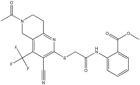 methyl 2-[(2-{[6-acetyl-3-cyano-4-(trifluoromethyl)-5,6,7,8-tetrahydro[1,6]naphthyridin-2-yl]sulfanyl}acetyl)amino]benzenecarboxylate Struktur