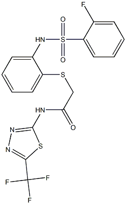 2-[(2-{[(2-fluorophenyl)sulfonyl]amino}phenyl)sulfanyl]-N-[5-(trifluoromethyl)-1,3,4-thiadiazol-2-yl]acetamide Struktur