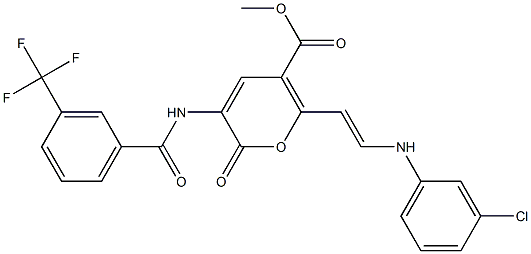 methyl 6-[(E)-2-(3-chloroanilino)ethenyl]-2-oxo-3-{[3-(trifluoromethyl)benzoyl]amino}-2H-pyran-5-carboxylate Struktur