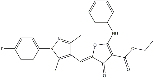 3-Furancarboxylic  acid,  5-[[1-(4-fluorophenyl)-3,5-dimethyl-1H-pyrazol-4-yl]methylene]-4,5-dihydro-4-oxo-2-(phenylamino)-,  ethyl  ester Struktur