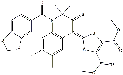 dimethyl 2-(1-(1,3-benzodioxol-5-ylcarbonyl)-2,2,6,7-tetramethyl-3-thioxo-2,3-dihydro-4(1H)-quinolinylidene)-1,3-dithiole-4,5-dicarboxylate Struktur