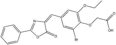 {2-bromo-6-ethoxy-4-[(5-oxo-2-phenyl-1,3-oxazol-4(5H)-ylidene)methyl]phenoxy}acetic acid Struktur