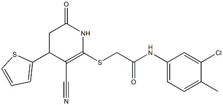 N-(3-chloro-4-methylphenyl)-2-{[3-cyano-6-oxo-4-(2-thienyl)-1,4,5,6-tetrahydro-2-pyridinyl]sulfanyl}acetamide Struktur