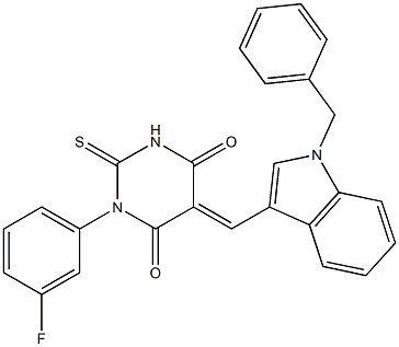 5-[(1-benzyl-1H-indol-3-yl)methylene]-1-(3-fluorophenyl)-2-thioxodihydro-4,6(1H,5H)-pyrimidinedione Struktur