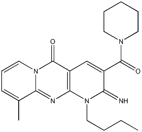 1-butyl-2-imino-10-methyl-3-(1-piperidinylcarbonyl)-1,2-dihydro-5H-dipyrido[1,2-a:2,3-d]pyrimidin-5-one Struktur