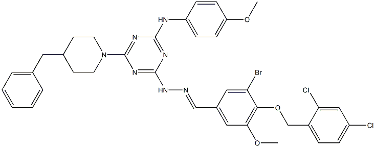 3-bromo-4-[(2,4-dichlorobenzyl)oxy]-5-methoxybenzaldehyde [4-(4-benzyl-1-piperidinyl)-6-(4-methoxyanilino)-1,3,5-triazin-2-yl]hydrazone Struktur