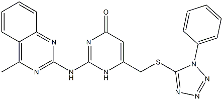 2-[(4-methyl-2-quinazolinyl)amino]-6-{[(1-phenyl-1H-tetraazol-5-yl)thio]methyl}-4(1H)-pyrimidinone Struktur