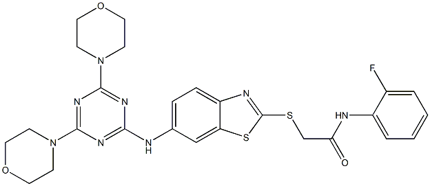 2-[(6-{[4,6-di(4-morpholinyl)-1,3,5-triazin-2-yl]amino}-1,3-benzothiazol-2-yl)sulfanyl]-N-(2-fluorophenyl)acetamide Struktur