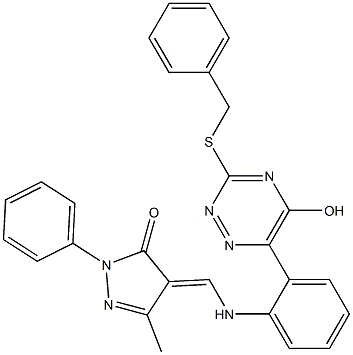 4-({2-[3-(benzylsulfanyl)-5-hydroxy-1,2,4-triazin-6-yl]anilino}methylene)-5-methyl-2-phenyl-2,4-dihydro-3H-pyrazol-3-one Struktur