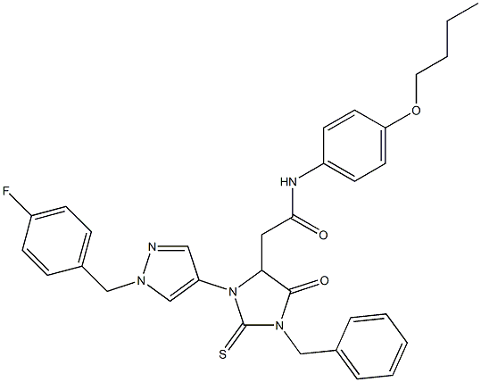 2-{1-benzyl-3-[1-(4-fluorobenzyl)-1H-pyrazol-4-yl]-5-oxo-2-thioxo-4-imidazolidinyl}-N-(4-butoxyphenyl)acetamide Struktur