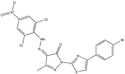 1-[4-(4-bromophenyl)-1,3-thiazol-2-yl]-3-methyl-1H-pyrazole-4,5-dione 4-[N-(2,6-dichloro-4-nitrophenyl)hydrazone] Struktur