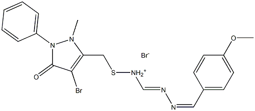 {[(4-bromo-2-methyl-5-oxo-1-phenyl-2,5-dihydro-1H-pyrazol-3-yl)methyl]sulfanyl}{(E)-2-[(Z)-(4-methoxyphenyl)methylidene]hydrazono}methanaminium bromide Struktur