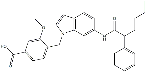 4-[6-[2-Phenylhexanoylamino]-1H-indol-1-ylmethyl]-3-methoxybenzoic acid Struktur