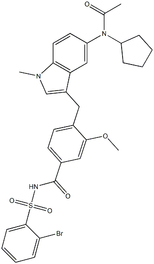 4-[5-(Cyclopentylacetylamino)-1-methyl-1H-indol-3-ylmethyl]-3-methoxy-N-(2-bromophenylsulfonyl)benzamide Struktur