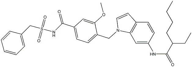 4-[6-(2-Ethylhexanoylamino)-1H-indol-1-ylmethyl]-3-methoxy-N-benzylsulfonylbenzamide Struktur