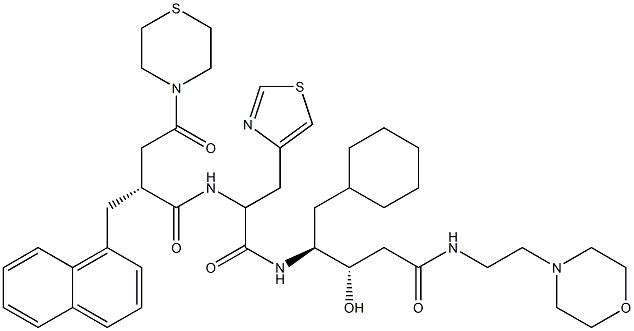 (3S,4S)-3-Hydroxy-5-cyclohexyl-4-[3-(4-thiazolyl)-2-[[(2R)-2-[[(tetrahydro-4H-1,4-thiazin)-4-yl]carbonylmethyl]-3-(1-naphthalenyl)propionyl]amino]propionylamino]-N-(2-morpholinoethyl)valeramide Struktur