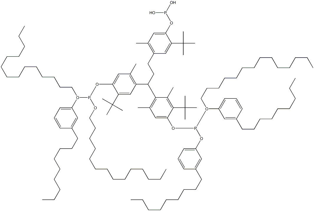 [3-Methyl-1,1,3-propanetriyltris(2-tert-butyl-5-methyl-4,1-phenyleneoxy)]tris(phosphonous acid)O,O',O''-tritetradecyl O,O',O''-tris(3-nonylphenyl) ester Struktur