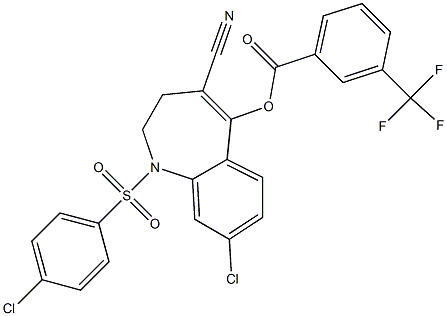 8-chloro-1-[(4-chlorophenyl)sulfonyl]-4-cyano-2,3-dihydro-1H-1-benzazepin-5-yl 3-(trifluoromethyl)benzoate Struktur