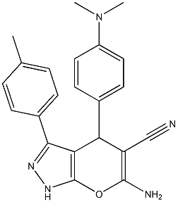 6-amino-4-[4-(dimethylamino)phenyl]-3-(4-methylphenyl)-1,4-dihydropyrano[2,3-c]pyrazole-5-carbonitrile Struktur