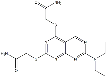 2-{[2-[(2-amino-2-oxoethyl)sulfanyl]-7-(diethylamino)pyrimido[4,5-d]pyrimidin-4-yl]sulfanyl}acetamide Struktur