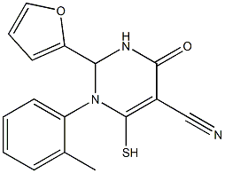 2-(2-furyl)-1-(2-methylphenyl)-4-oxo-6-sulfanyl-1,2,3,4-tetrahydro-5-pyrimidinecarbonitrile Struktur