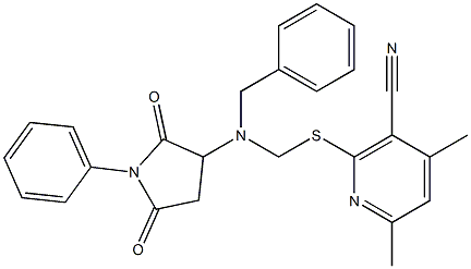 2-({[benzyl(2,5-dioxo-1-phenyl-3-pyrrolidinyl)amino]methyl}sulfanyl)-4,6-dimethylnicotinonitrile Struktur