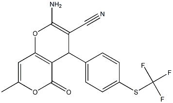 2-amino-7-methyl-5-oxo-4-{4-[(trifluoromethyl)sulfanyl]phenyl}-4H,5H-pyrano[4,3-b]pyran-3-carbonitrile Struktur