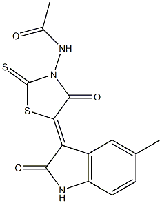 N-[5-(5-methyl-2-oxo-1,2-dihydro-3H-indol-3-ylidene)-4-oxo-2-thioxo-1,3-thiazolidin-3-yl]acetamide Struktur