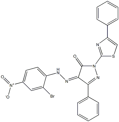 3-phenyl-1-(4-phenyl-1,3-thiazol-2-yl)-1H-pyrazole-4,5-dione 4-[N-(2-bromo-4-nitrophenyl)hydrazone] Struktur