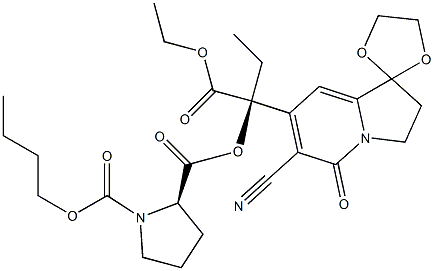 6-Cyano-7-[(S)-1-ethoxycarbonyl-1-[[(2R)-1-butoxycarbonyl-2-pyrrolidinyl]carbonyloxy]propyl]-2,3-dihydrospiro[indolizine-1,2'-[1,3]dioxolan]-5-one Struktur