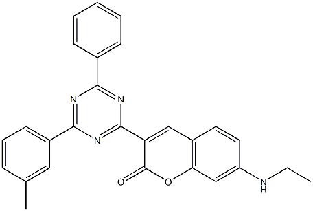 3-[6-Phenyl-4-(3-methylphenyl)-1,3,5-triazin-2-yl]-7-(ethylamino)coumarin Struktur