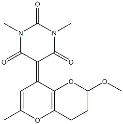 5-[(4,6,7,8-Tetrahydro-2-methyl-6-methoxypyrano[3,2-b]pyran)-4-ylidene]-1,3-dimethylpyrimidine-2,4,6(1H,3H,5H)-trione Struktur