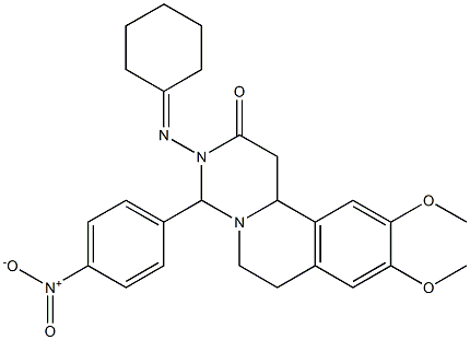 3-(Cyclohexylideneamino)-4-(4-nitrophenyl)-9,10-dimethoxy-1,3,4,6,7,11b-hexahydro-2H-pyrimido[6,1-a]isoquinolin-2-one Struktur