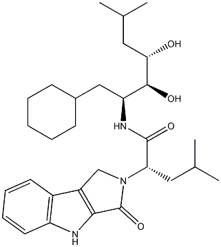 (2S)-2-[(1,2,3,4-Tetrahydro-3-oxopyrrolo[3,4-b]indol)-2-yl]-4-methyl-N-[(1S,2S,3S)-1-cyclohexylmethyl-2,3-dihydroxy-5-methylhexyl]valeramide Struktur