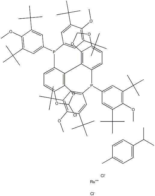 Chloro{(R)-(-)-5,5'-bis[di(3,5-di-t-butyl-4-methoxyphenyl)phosphino]-4,4'-bi-1,3-benzodioxole}(p-cymene)ruthenium(II)chloride Struktur