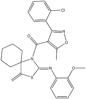 [3-(2-chlorophenyl)-5-methylisoxazol-4-yl]{2-[(2-methoxyphenyl)imino]-4-methylidene-3-thia-1-azaspiro[4.5]dec-1-yl}methanone Struktur