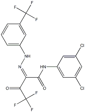 N-(3,5-dichlorophenyl)-4,4,4-trifluoro-3-oxo-2-{(Z)-2-[3-(trifluoromethyl)phenyl]hydrazono}butanamide Struktur