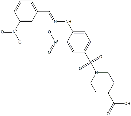 1-[(3-nitro-4-{2-[(E)-(3-nitrophenyl)methylidene]hydrazino}phenyl)sulfonyl]-4-piperidinecarboxylic acid Struktur