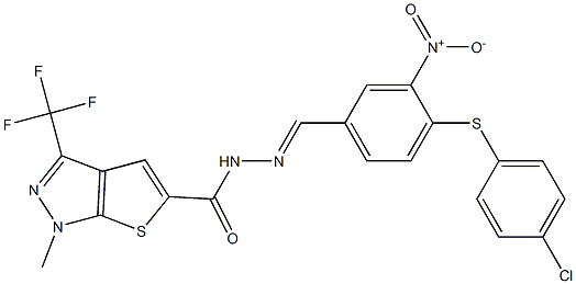 N'-({4-[(4-chlorophenyl)sulfanyl]-3-nitrophenyl}methylene)-1-methyl-3-(trifluoromethyl)-1H-thieno[2,3-c]pyrazole-5-carbohydrazide Struktur