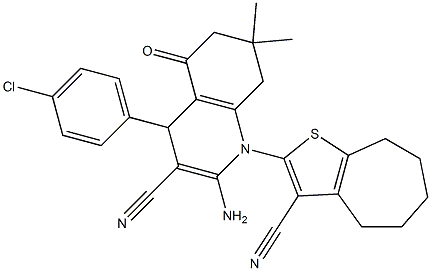 2-amino-4-(4-chlorophenyl)-1-(3-cyano-5,6,7,8-tetrahydro-4H-cyclohepta[b]thien-2-yl)-7,7-dimethyl-5-oxo-1,4,5,6,7,8-hexahydro-3-quinolinecarbonitrile Struktur