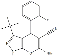 6-amino-3-(tert-butyl)-4-(2-fluorophenyl)-1,4-dihydropyrano[2,3-c]pyrazole-5-carbonitrile Struktur