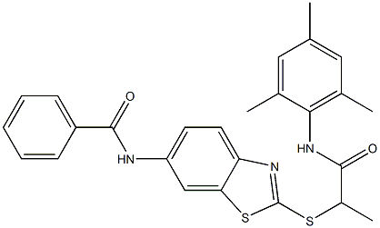 N-(2-{[2-(mesitylamino)-1-methyl-2-oxoethyl]sulfanyl}-1,3-benzothiazol-6-yl)benzamide Struktur