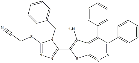 {[5-(5-amino-3,4-diphenylthieno[2,3-c]pyridazin-6-yl)-4-benzyl-4H-1,2,4-triazol-3-yl]sulfanyl}acetonitrile Struktur