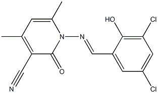 1-{[(E)-(3,5-dichloro-2-hydroxyphenyl)methylidene]amino}-4,6-dimethyl-2-oxo-1,2-dihydro-3-pyridinecarbonitrile Struktur