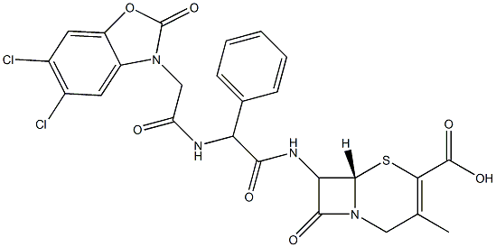 7-[[Phenyl[[[(5,6-dichloro-2,3-dihydro-2-oxobenzoxazol)-3-yl]acetyl]amino]acetyl]amino]-3-methylcepham-3-ene-4-carboxylic acid Struktur