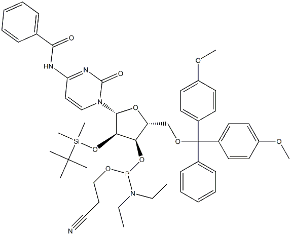 N-Benzoyl-5'-O-(4,4'-dimethoxytrityl)-2'-O-(tert-butyldimethylsilyl)cytidine 3'-[diethylaminophosphonous acid (2-cyanoethyl)] ester Struktur