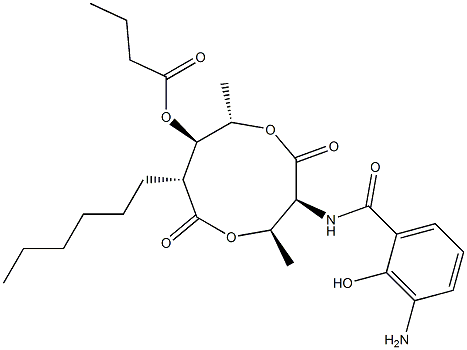 Butanoic acid (3S,4R,7R,8R,9S)-3-[(3-amino-2-hydroxybenzoyl)amino]-4,9-dimethyl-2,6-dioxo-7-hexyl-1,5-dioxonan-8-yl ester Struktur