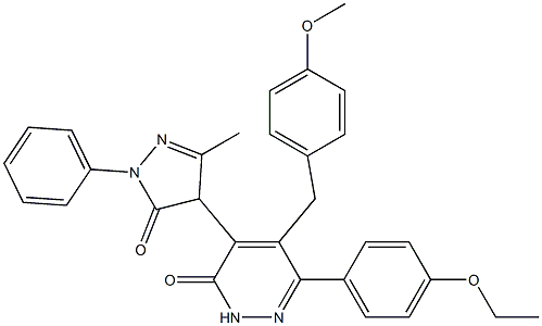 6-(4-Ethoxyphenyl)-5-(4-methoxybenzyl)-4-[(3-methyl-1-phenyl-5-oxo-4,5-dihydro-1H-pyrazol)-4-yl]pyridazin-3(2H)-one Struktur